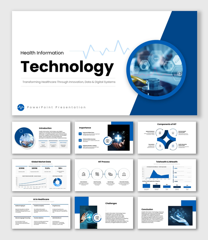 Health Information Technology slides, blue healthcare theme, HIT charts, icons, text layouts.