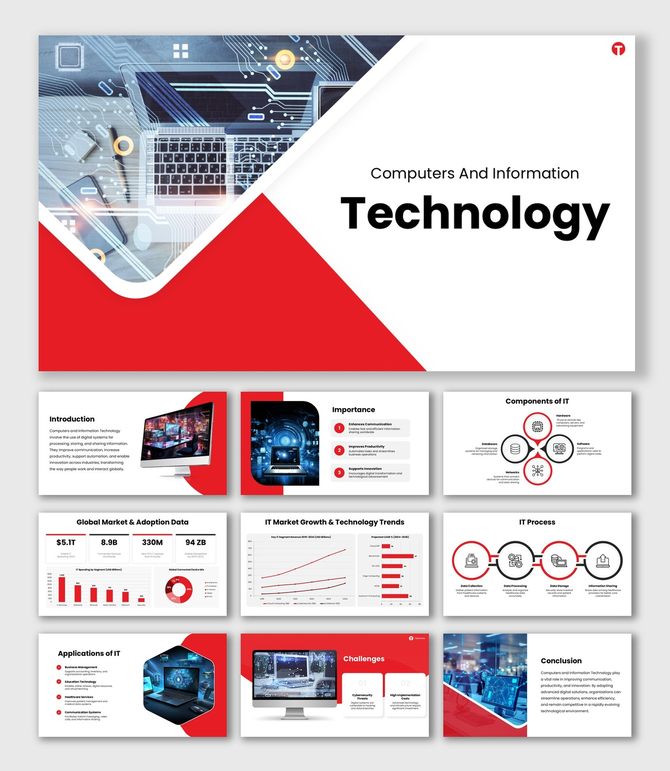 Computers And Information Technology slides, red theme, charts, icons, shapes, structured text boxes.