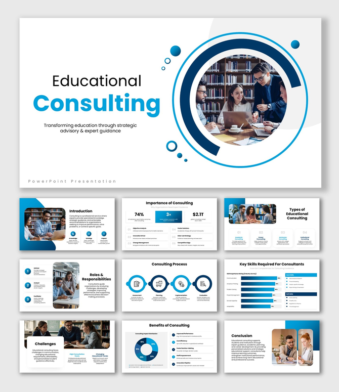 Educational Consulting presentation with blue circles, academic visuals, charts, icons, and clean layouts.