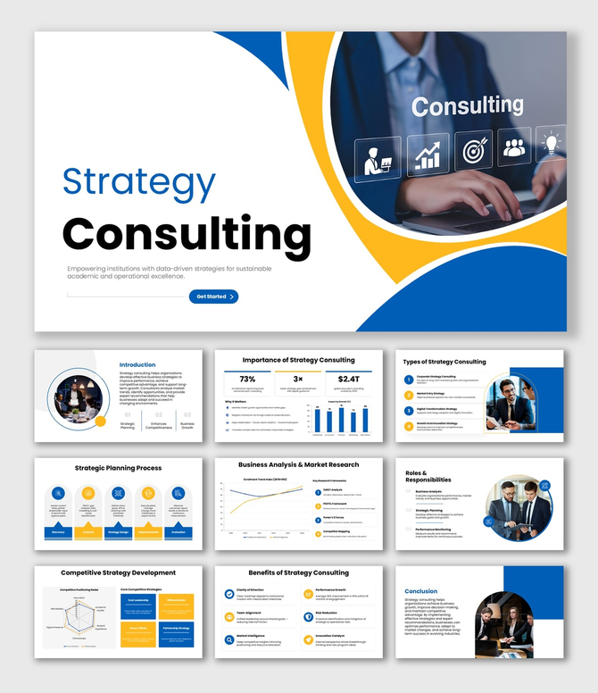 Strategy Consulting presentation with blue yellow graphics, business charts, icons, and modern layouts.