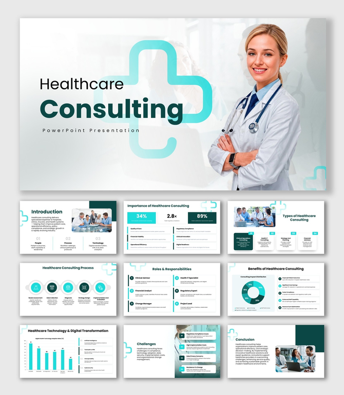 Healthcare Consulting presentation with blue yellow graphics, charts, icons, and modern layouts.