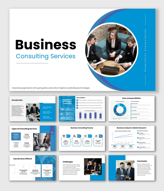 Business Consulting Services presentation with blue graphics, charts, icons, and consulting layouts.