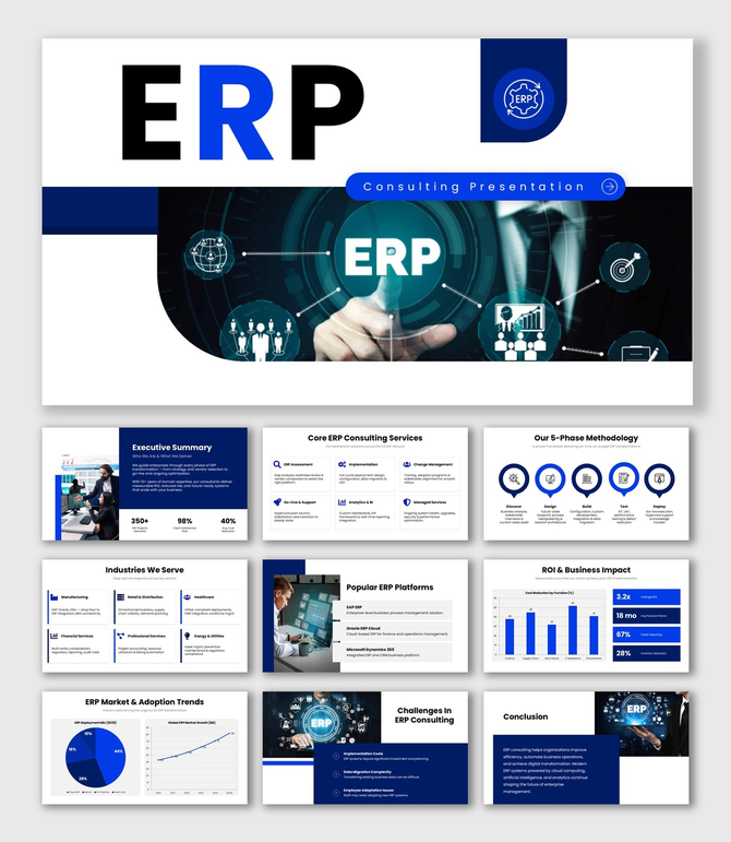 ERP Consulting presentation with blue dashboards, workflow icons, charts, and business infographic layouts.