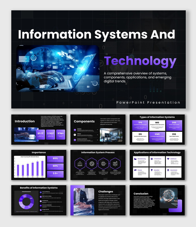 Information Systems And Technology slide with dark tech theme, purple highlights, and digital visuals.