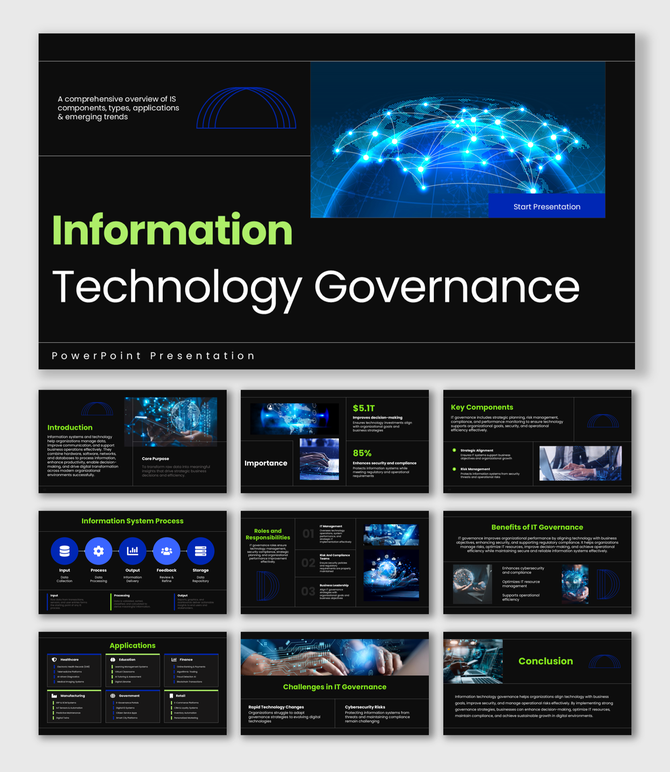 Information Technology Governance slide with dark theme, neon icons, and global network visuals.