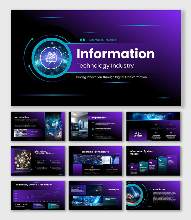 Information Technology Industry slide with neon purple theme, digital icons, and futuristic tech visuals.