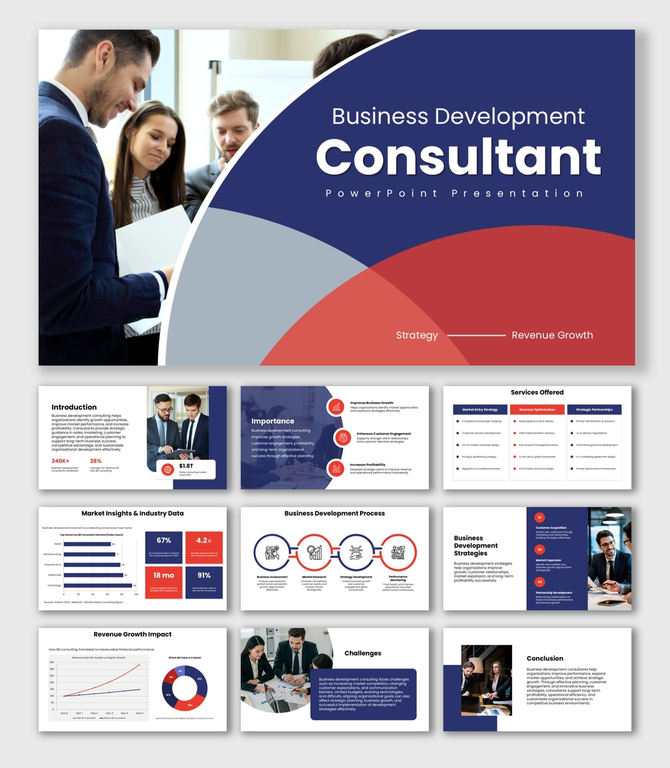 Business Development Consultant slide with curved shapes, team visuals, and red-blue business layouts.