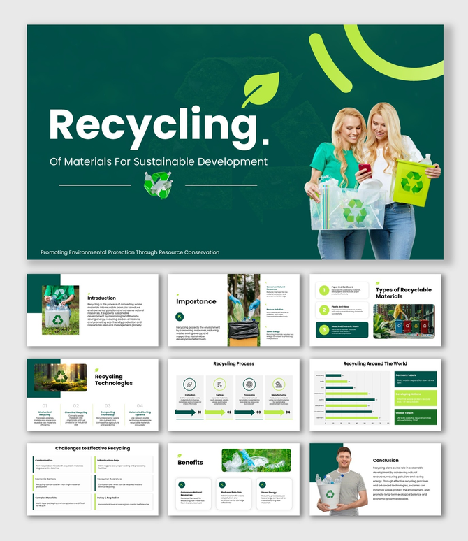 Recycling Of Materials For Sustainable Development slide with green theme, recycle icons, and eco images.