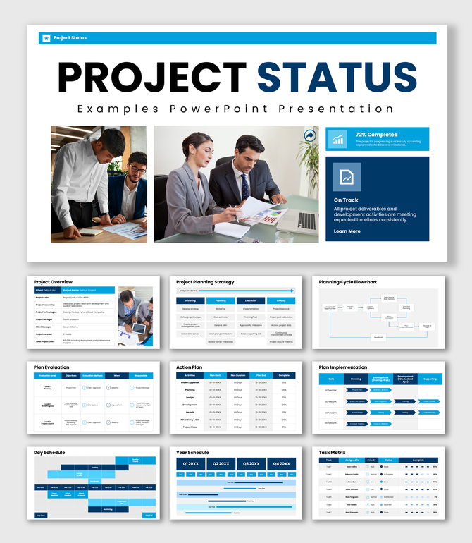Project Status Examples template with blue theme, team photos, tables, and schedule charts.
