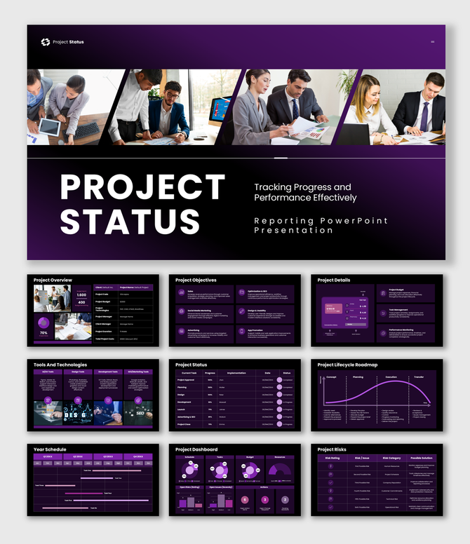 Project Status Reporting dashboard with purple theme, team images, charts, and timeline layouts.