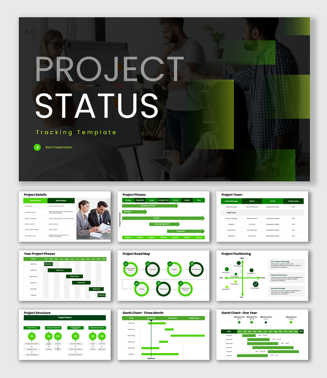 Project Status Tracking template with green charts, timelines, team photos, and task layouts