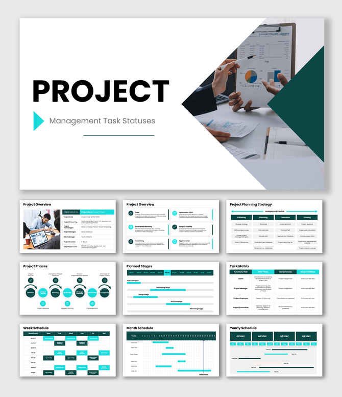 Project Management Task Statuses template with teal charts, schedules, and workflow tables.