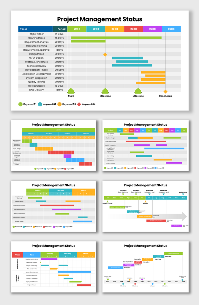 Project Management Status template with colorful Gantt charts, milestones, and timeline tables.
