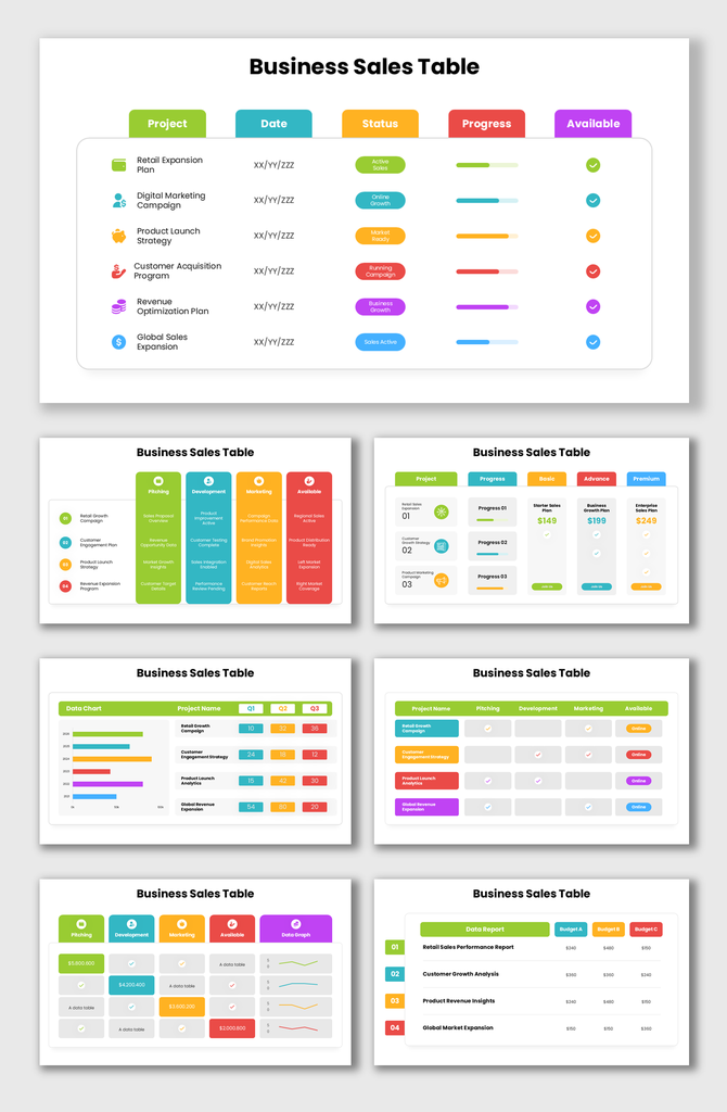 Customizable Table with colorful sales rows, progress bars, icons, and editable business layouts.