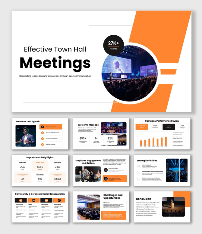 Effective Town Hall Meetings with orange accents, audience photos, KPI charts, and content blocks.