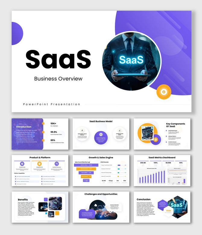 SaaS Business Overview with purple theme, dashboard charts, KPI cards, and circular image shapes.