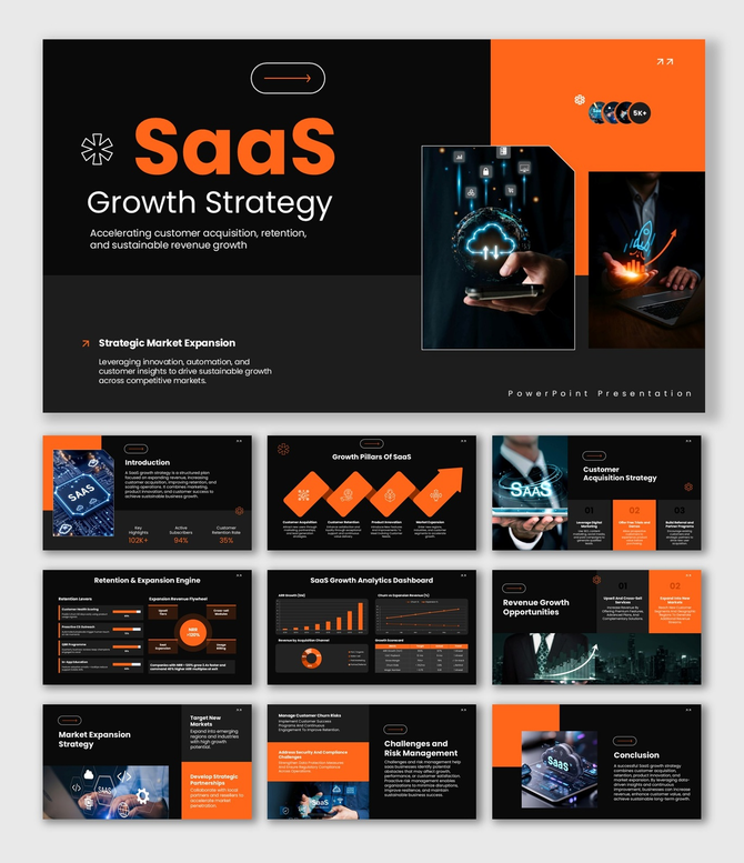 SaaS Growth Strategy with orange accents, SaaS visuals, KPI dashboards, charts, and content layouts.