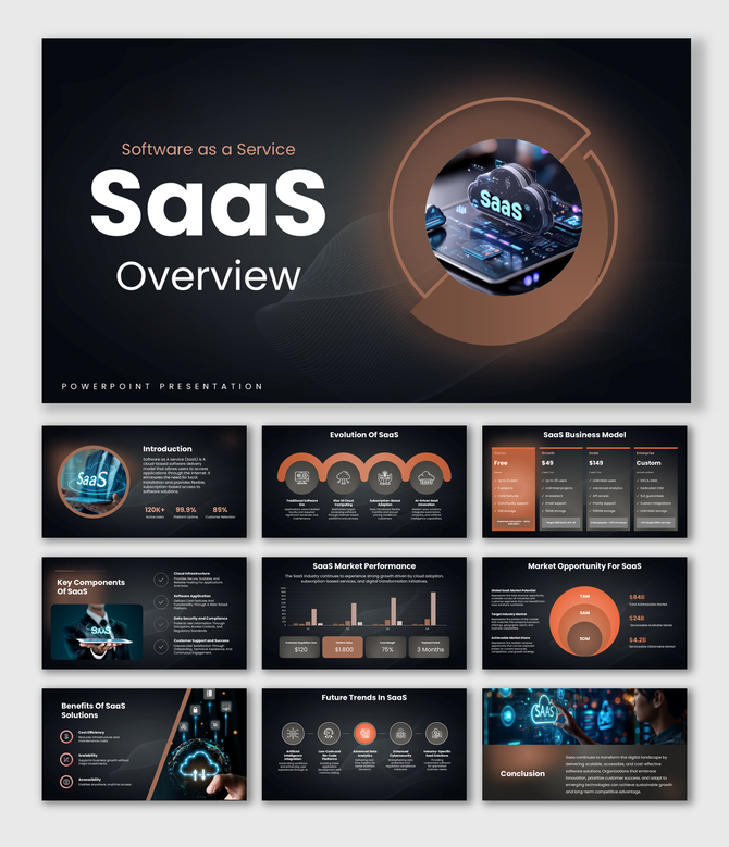 Software As A Service Saas Overview with dark theme, cloud visuals, charts, KPI metrics, and circular shapes.