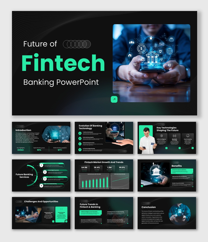 Future Of Fintech And Banking with mobile banking visuals, green accents, charts, icons, and dark layouts.
