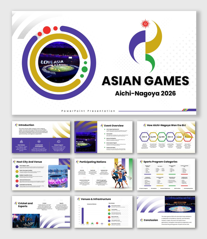 Asian Games 2026 presentation with multicolor theme, stadium photos, timelines, icons, and editable layouts.