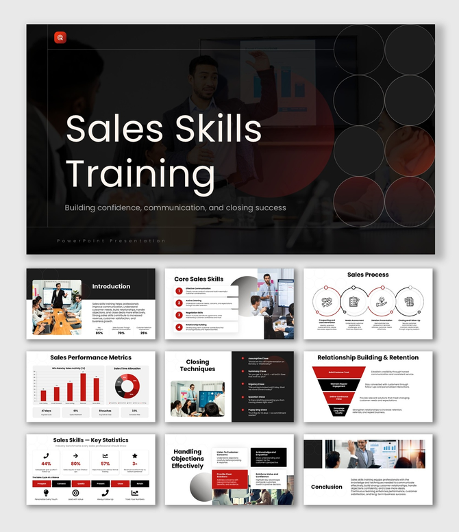 Sales Skills Training with presenter, red circles, KPI charts, process icons, and content layouts.