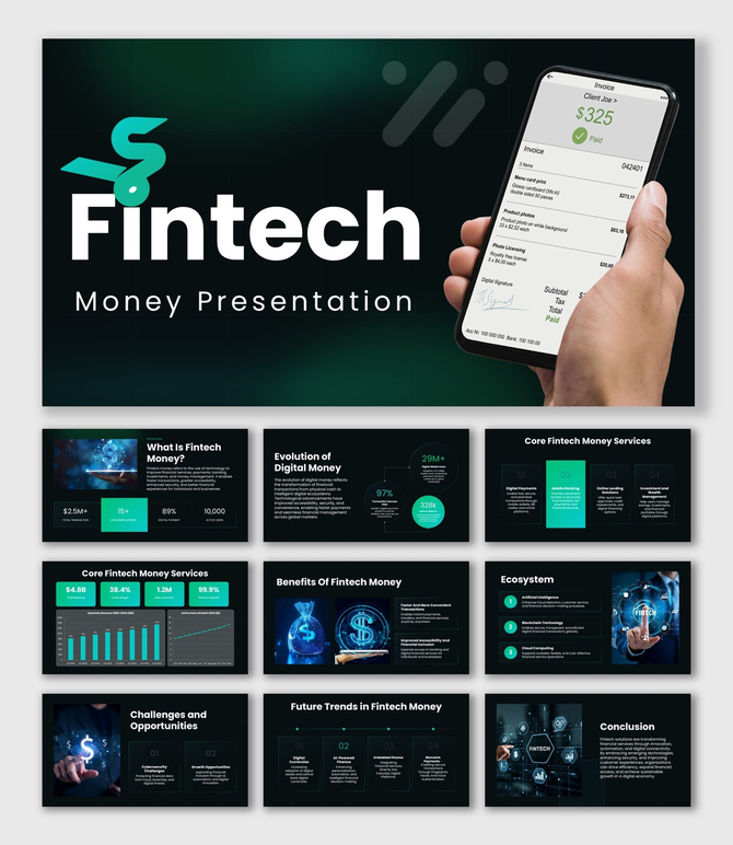 Fintech Money with mobile payment visuals, teal accents, KPI charts, fintech icons, and dark layouts.
