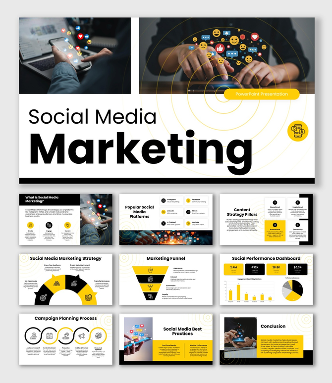 Social Media Marketing with smartphone visuals, social icons, yellow-black theme, circular shapes, and text holders.