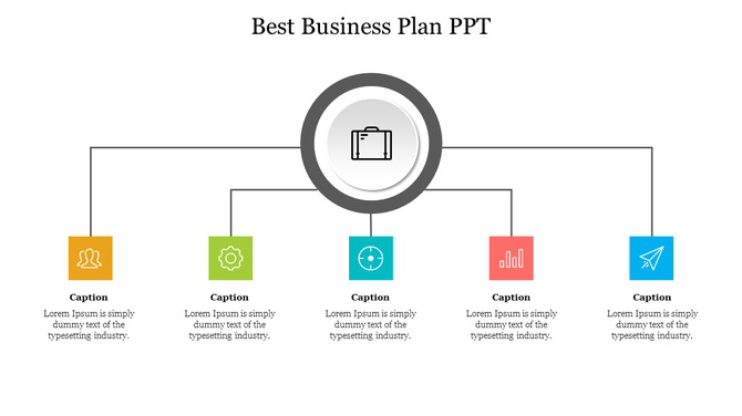 Row of five colorful business icons with briefcase, teamwork, maze, click, and coin illustrations in semicircular segments.