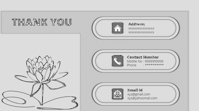 Monochrome lotus drawing with three gray rounded rectangles with contact details on the right.