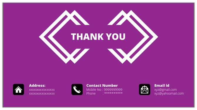 Purple thank you slide with white geometric lines and icons for representing address, contact number, and email information.