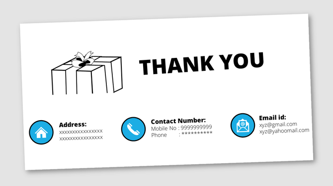 Minimalist thank you slide with a black-and-white gift box icon and blue icons for contact details.