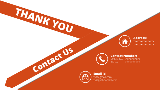 A slide with a thank you message and contact details, including address, phone, and email.