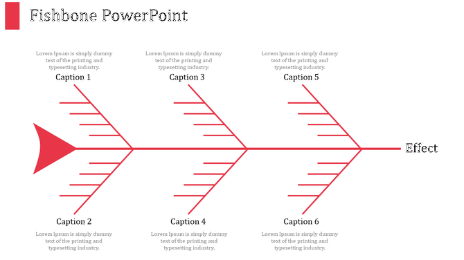Fishbone diagram template featuring a red fishbone shows the effect and causes, each labelled with a caption areas.