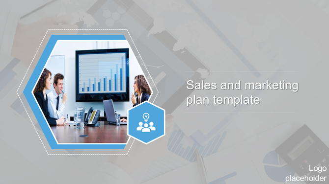Business meeting image inside a hexagon, with a light background and text on the right for a sales plan template.