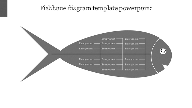 Grey fishbone diagram PowerPoint template with placeholder text lines for categorizing causes and effects.