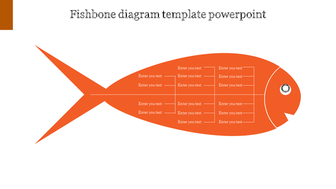 Orange fishbone diagram with six branches labeled with placeholder text, used for cause and effect analysis.