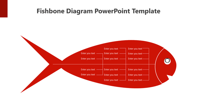 Template featuring a red fishbone diagram with placeholder text areas for causes and effects in a white backdrop.