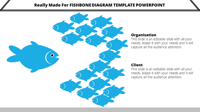 Fishbone diagram with a blue fish leading a group of fish forming a bone structure, labeled with organization and client.