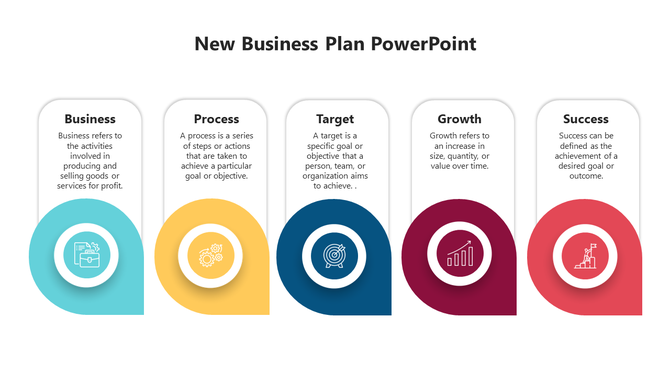 Slide showcasing business plan elements in rounded sections with icons and captions in teal, yellow, blue, red, and orange.