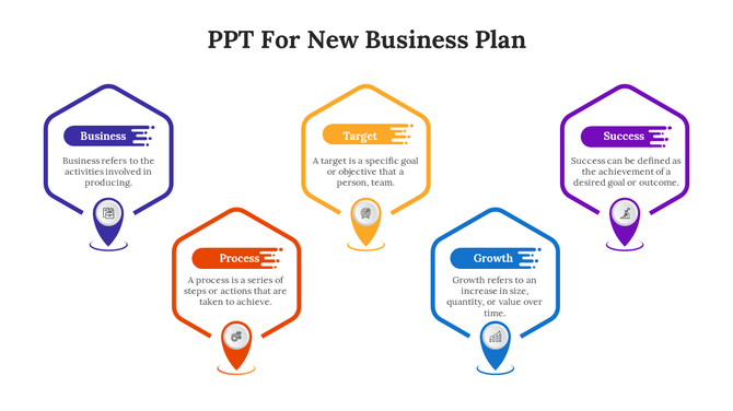 Colorful business plan slide featuring five hexagons with icons and descriptions arranged in a horizontal layout.