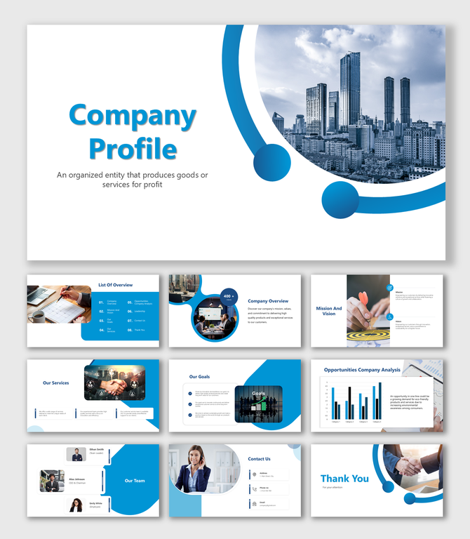 Company profile template with blue accents, circular placeholders, and sections for services, goals, and team information.