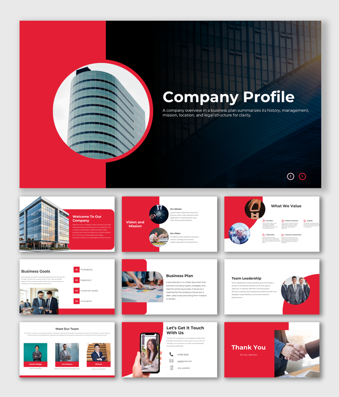 Company Profile presentation with red theme, featuring image placeholders and descriptive sections.