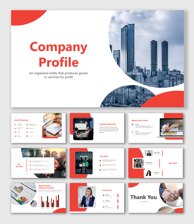 Company Profile template with red accents, image placeholders, and sections for mission, goals, team, services, and contact.
