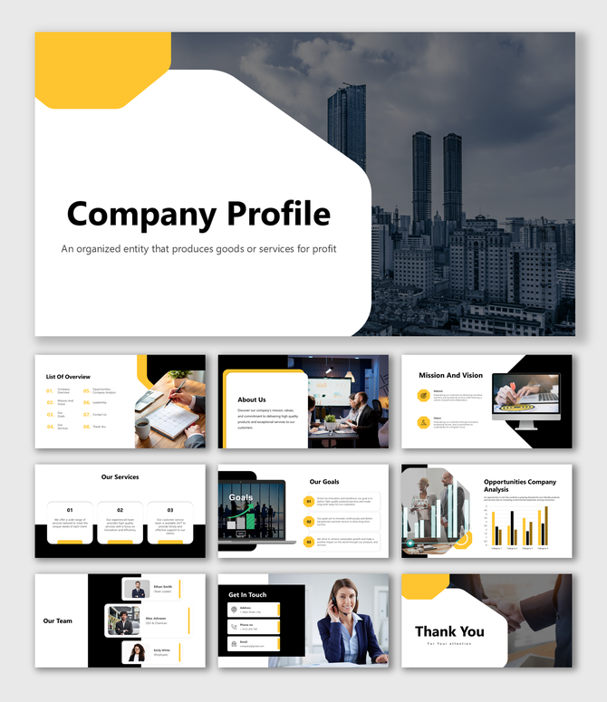 Company profile PPT with yellow highlights, placeholders, and structured sections for mission, services, goals, and contact.