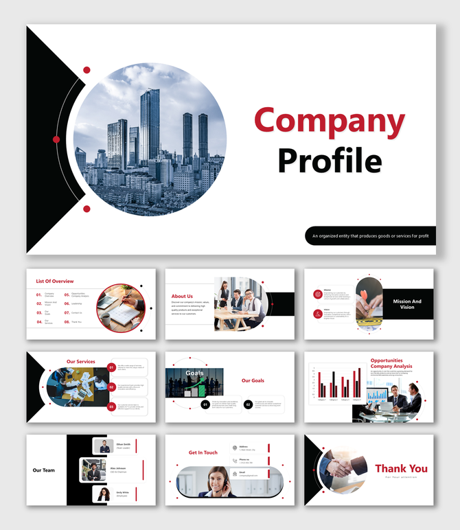 Professional company profile PowerPoint with sleek layouts, bold visuals, and structured placeholders for key content.