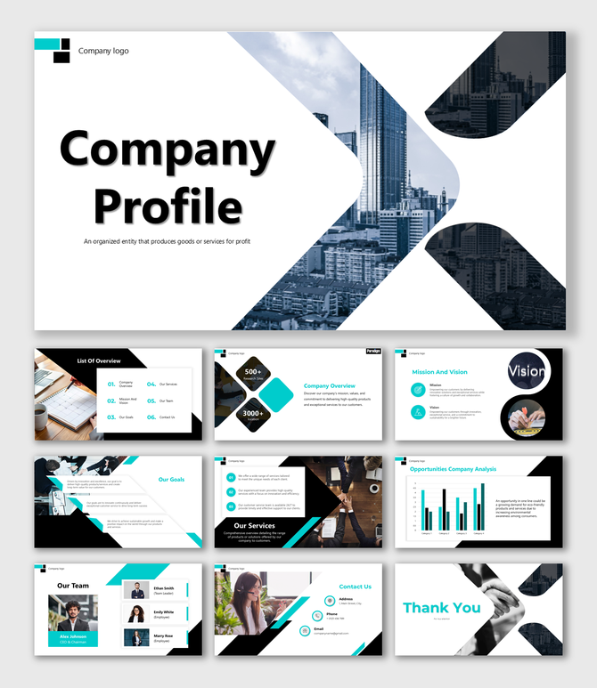 Company Profile slides with sections for overview, mission, vision, goals, services, team introduction, and contact info.