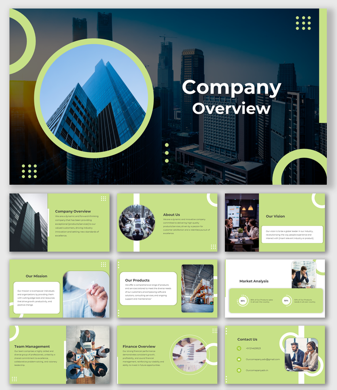 Professional company profile PowerPoint slides with sections on overview, mission, products, market analysis, and finance.