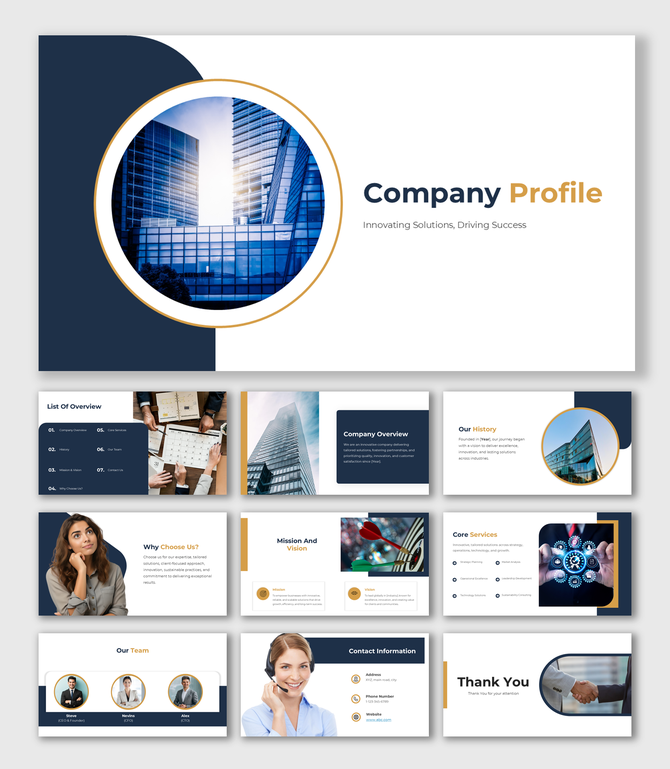 Modern company profile slide deck with orange theme, hexagonal image placeholders, and content for vision, mission, and team.