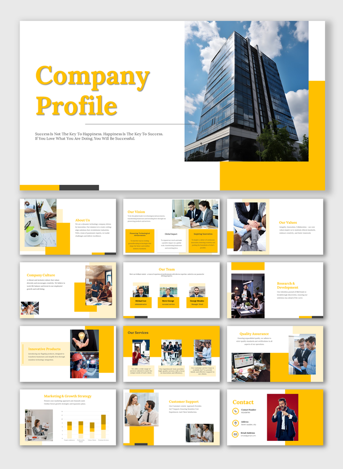 Company profile presentation slides with a yellow and white theme, showcasing business values, services, and team profiles.