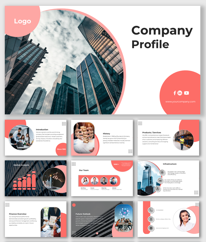 Modern company profile PowerPoint slides with a coral theme, showcasing services, team, and market analysis with images.